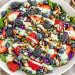 Berry Salad with Creamy Lemon Herb Dressing in a white bowl with mixed greens, strawberries, blueberries, blackberries, crunchy nuts, and creamy herb drizzle.
