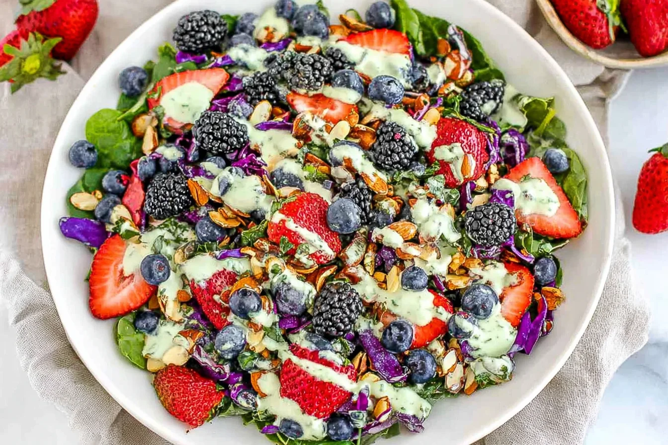 Berry Salad with Creamy Lemon Herb Dressing in a white bowl with mixed greens, strawberries, blueberries, blackberries, crunchy nuts, and creamy herb drizzle.
