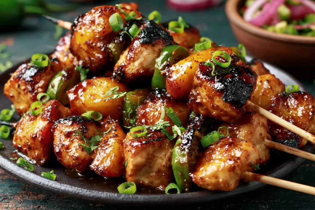 Jalapeno Peach Chicken Skewers with glazed chicken, juicy peaches, and green jalapeno pieces served on a dark plate