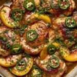 Jalapeno Peach Chicken with juicy chicken thighs, fresh peach slices, jalapeno rounds, and glossy peach glaze in a skillet.