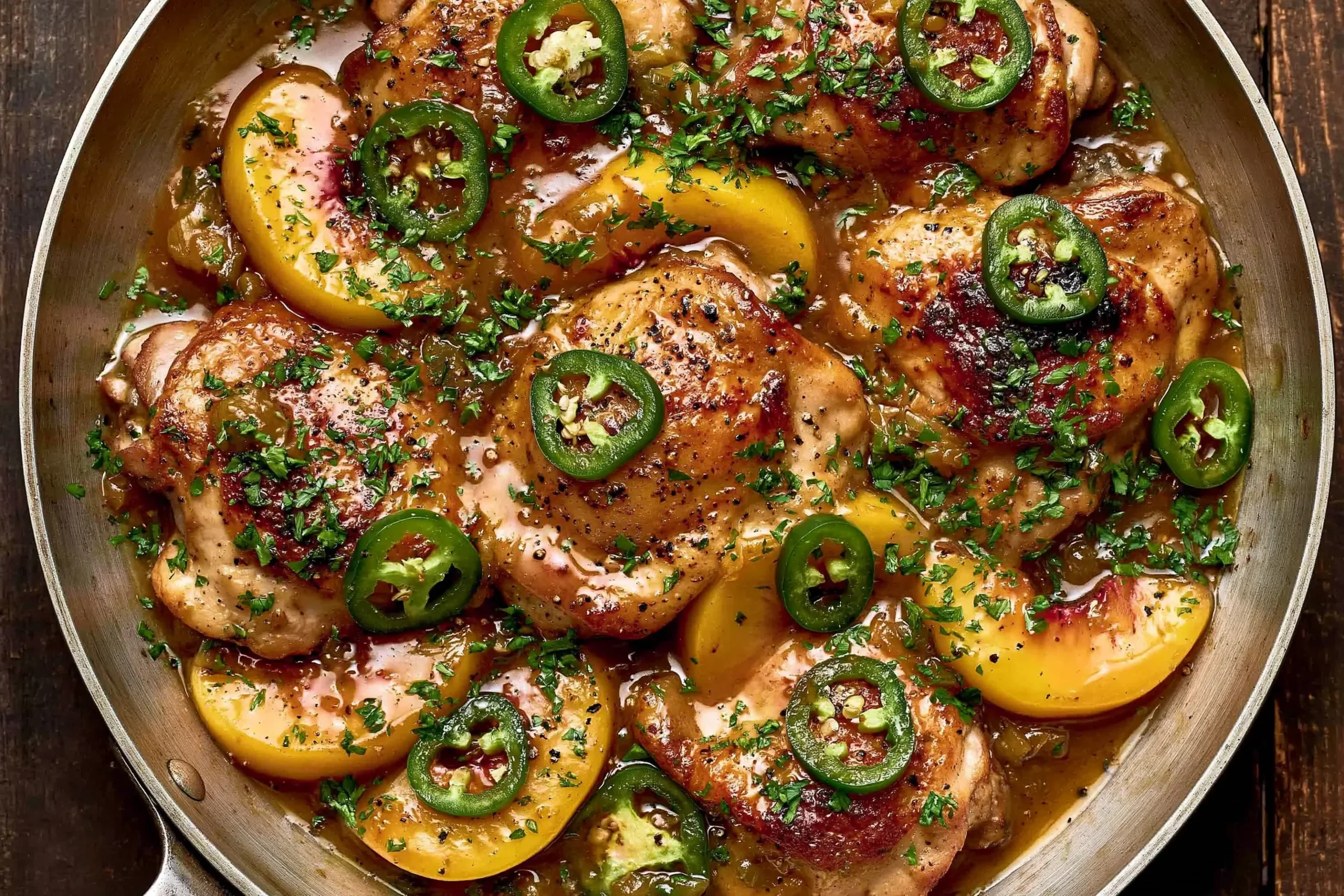 Jalapeno Peach Chicken with juicy chicken thighs, fresh peach slices, jalapeno rounds, and glossy peach glaze in a skillet.