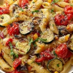 Tasty Roasted Vegetable Pasta with penne, roasted zucchini, cherry tomatoes, caramelized onions, herbs, and Parmesan in a white bowl.