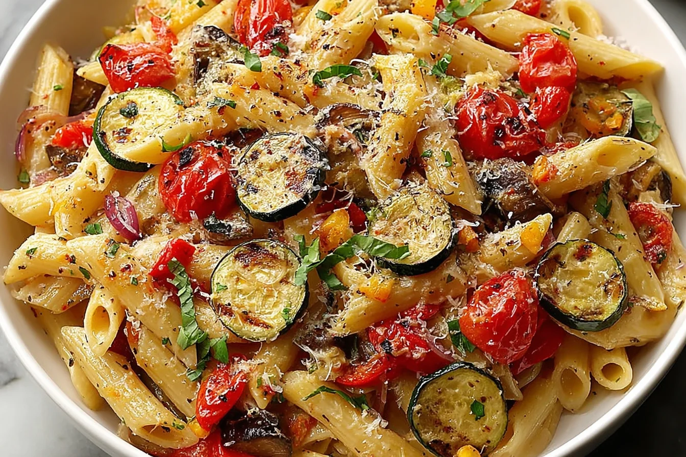 Tasty Roasted Vegetable Pasta with penne, roasted zucchini, cherry tomatoes, caramelized onions, herbs, and Parmesan in a white bowl.