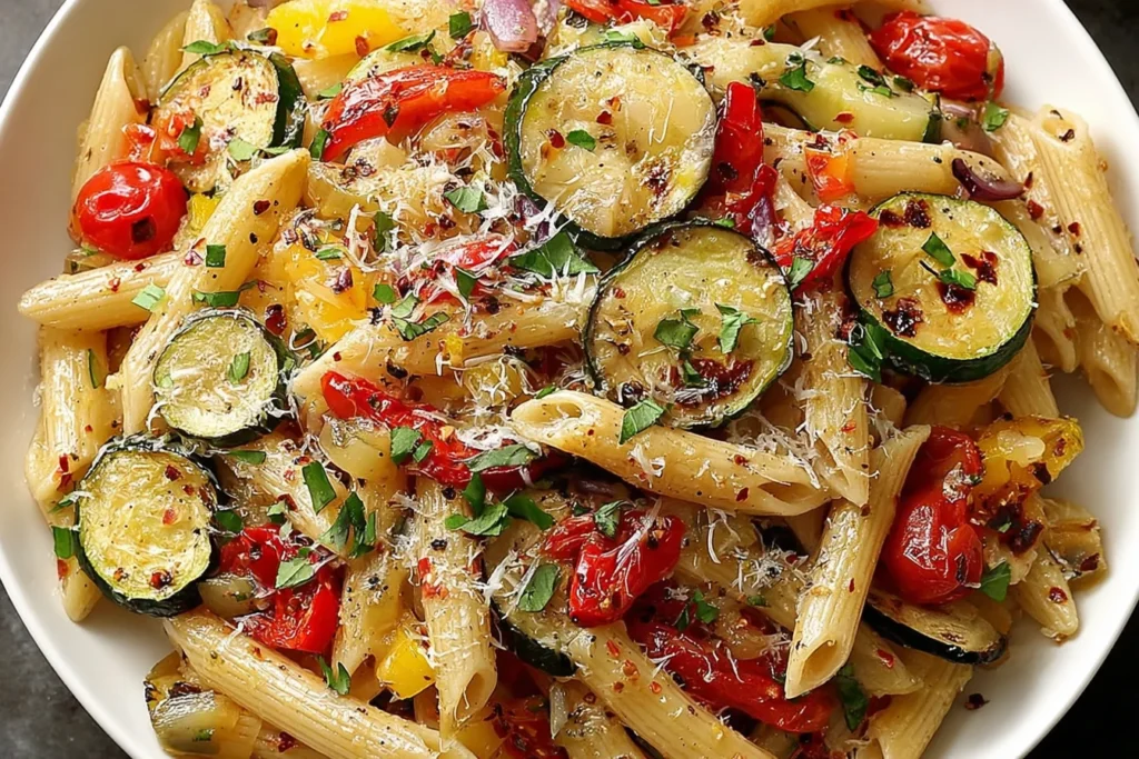 Tasty Roasted Vegetable Pasta with penne, roasted zucchini, cherry tomatoes, bell peppers, herbs, and Parmesan in a white bowl.