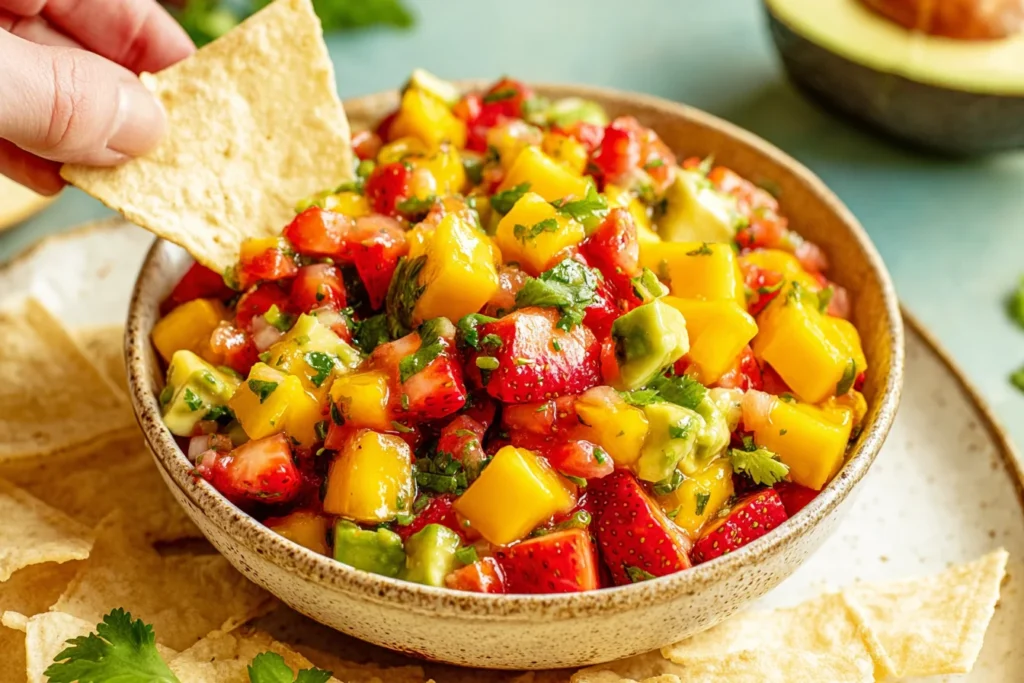 Avocado Strawberry Mango Salsa in a rustic bowl as a tortilla chip dips in, with fresh strawberries, mango chunks, avocado, cilantro, and lime.