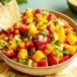 Avocado Strawberry Mango Salsa in a rustic bowl as a tortilla chip dips in, with fresh strawberries, mango chunks, avocado, cilantro, and lime.