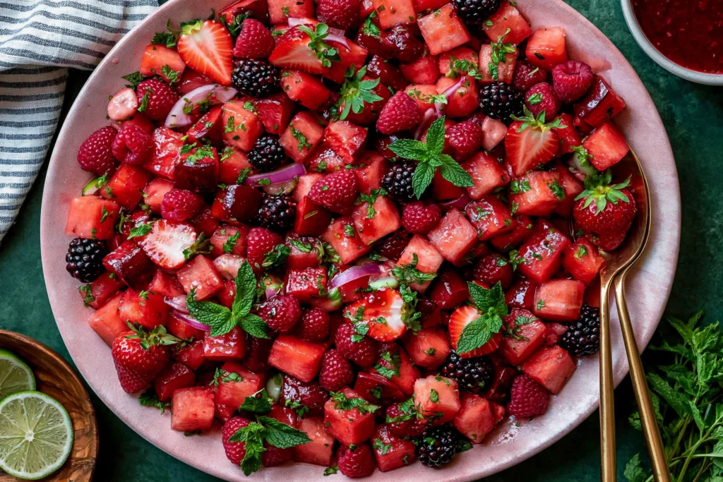 Watermelon Fruit Salad with lime mint dressing, fresh strawberries, raspberries, blackberries, cherries, and mint in a pink serving bowl