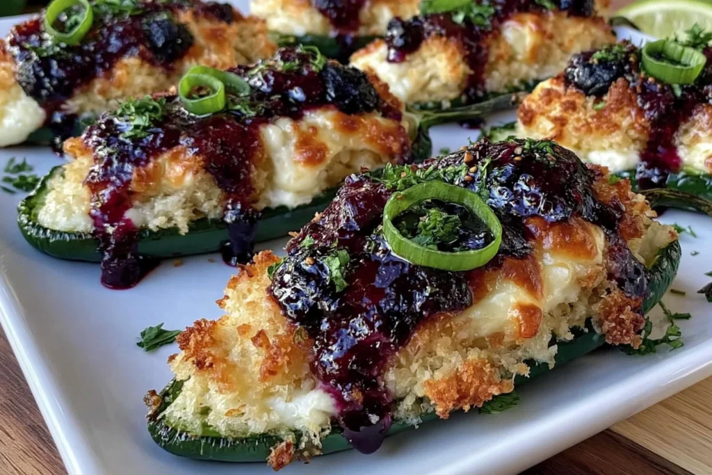 Blueberry Brie Jalapeño Poppers with melted brie, crisp golden topping, blueberry sauce, herbs, and sliced green onions.