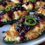 Blueberry Brie Jalapeño Poppers with melted brie, crisp golden topping, blueberry sauce, herbs, and sliced green onions.