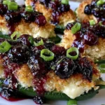 Blueberry Brie Jalapeño Poppers topped with blueberry sauce, crispy crumbs, and sliced green onions on a white platter.