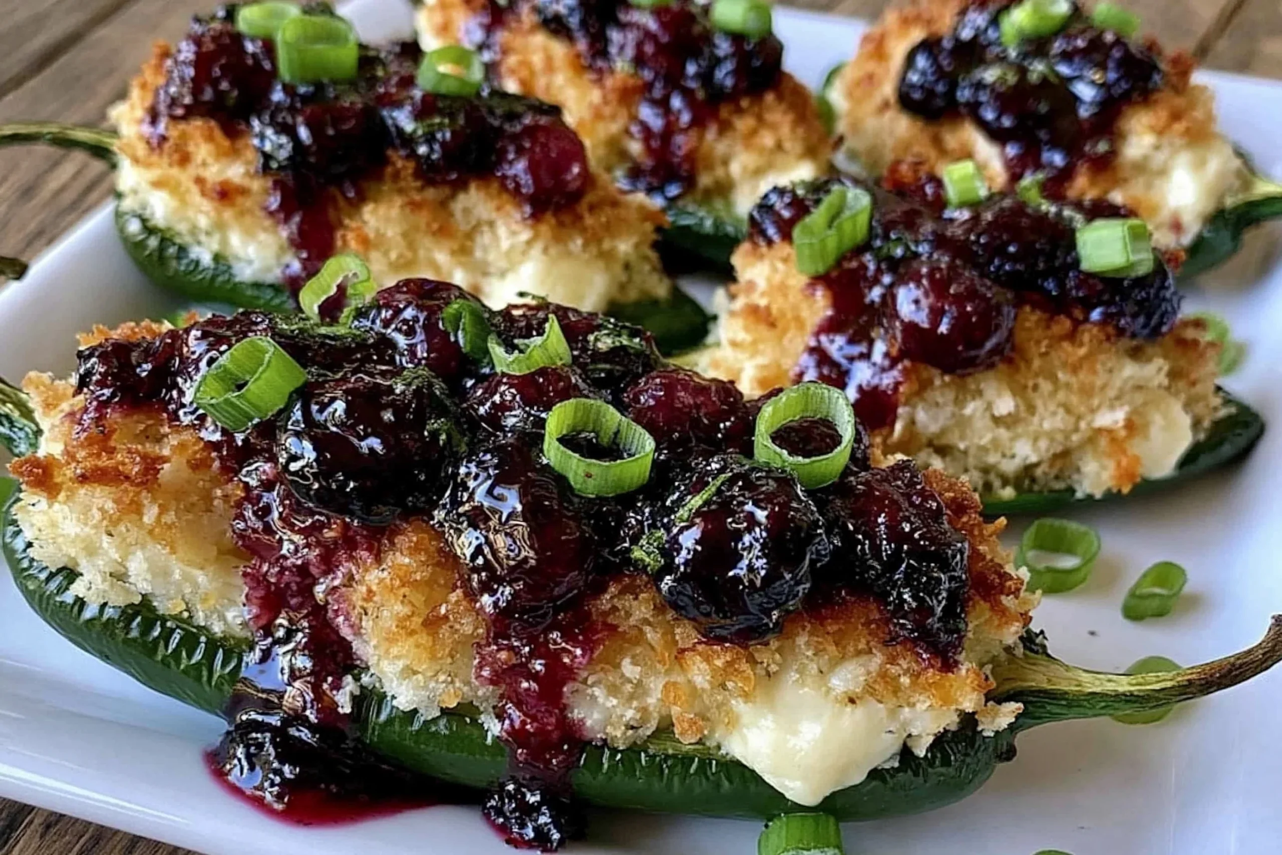 Blueberry Brie Jalapeño Poppers topped with blueberry sauce, crispy crumbs, and sliced green onions on a white platter.