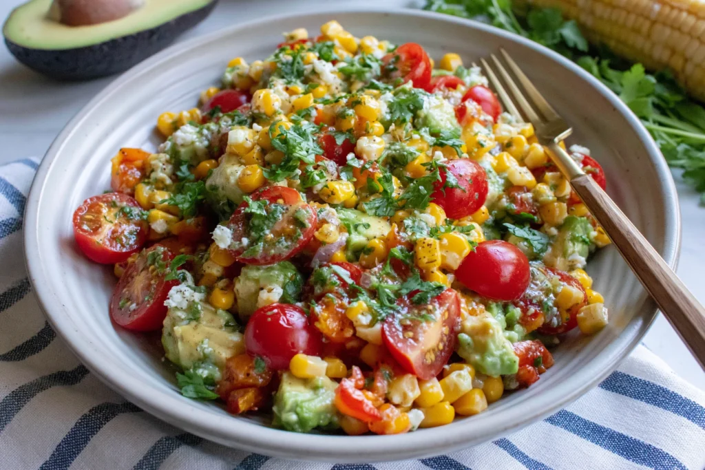 Avocado and Corn Summer Salad with cherry tomatoes, cilantro, red onion, crumbled cheese, and lime dressing in a shallow bowl