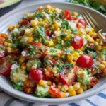 Avocado and Corn Summer Salad with cherry tomatoes, cilantro, red onion, crumbled cheese, and lime dressing in a shallow bowl