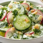 Crunchy Cucumber Apple Salad with creamy fresh dressing, sliced cucumbers, crisp apples, herbs, and chopped nuts in a white bowl