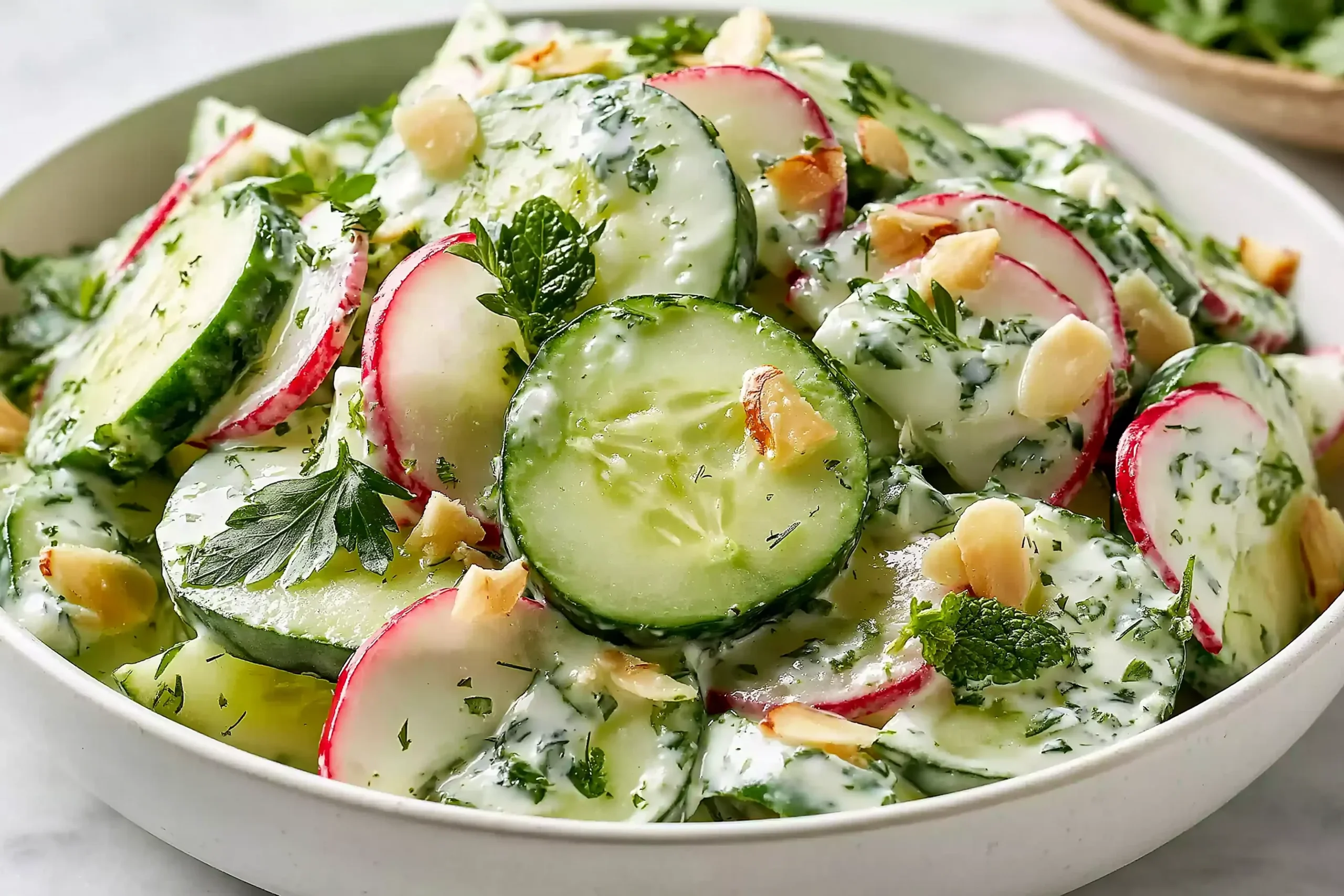 Crunchy Cucumber Apple Salad with creamy fresh dressing, sliced cucumbers, crisp apples, herbs, and chopped nuts in a white bowl