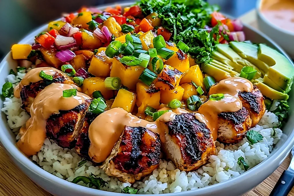 Chicken Mango Rice Bowl with grilled chicken, mango salsa, avocado, rice, fresh herbs, and creamy spicy sauce.