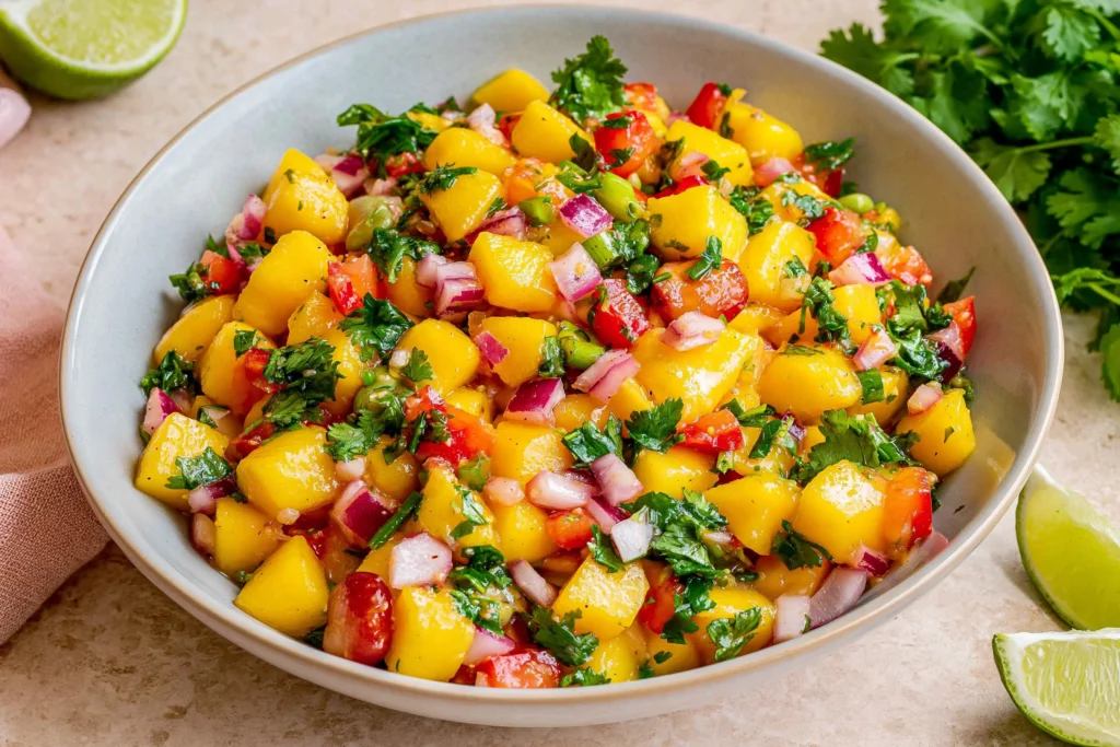 Fresh Mango Salsa in a bowl with diced mango, red onion, bell pepper, jalapeño, cilantro, and lime wedges