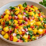 Fresh Mango Salsa in a bowl with diced mango, red onion, bell pepper, jalapeño, cilantro, and lime wedges