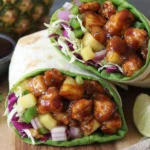 Hawaiian BBQ Chicken Wraps filled with glazed chicken, pineapple, crisp cabbage, red onion, cucumber, and fresh greens.