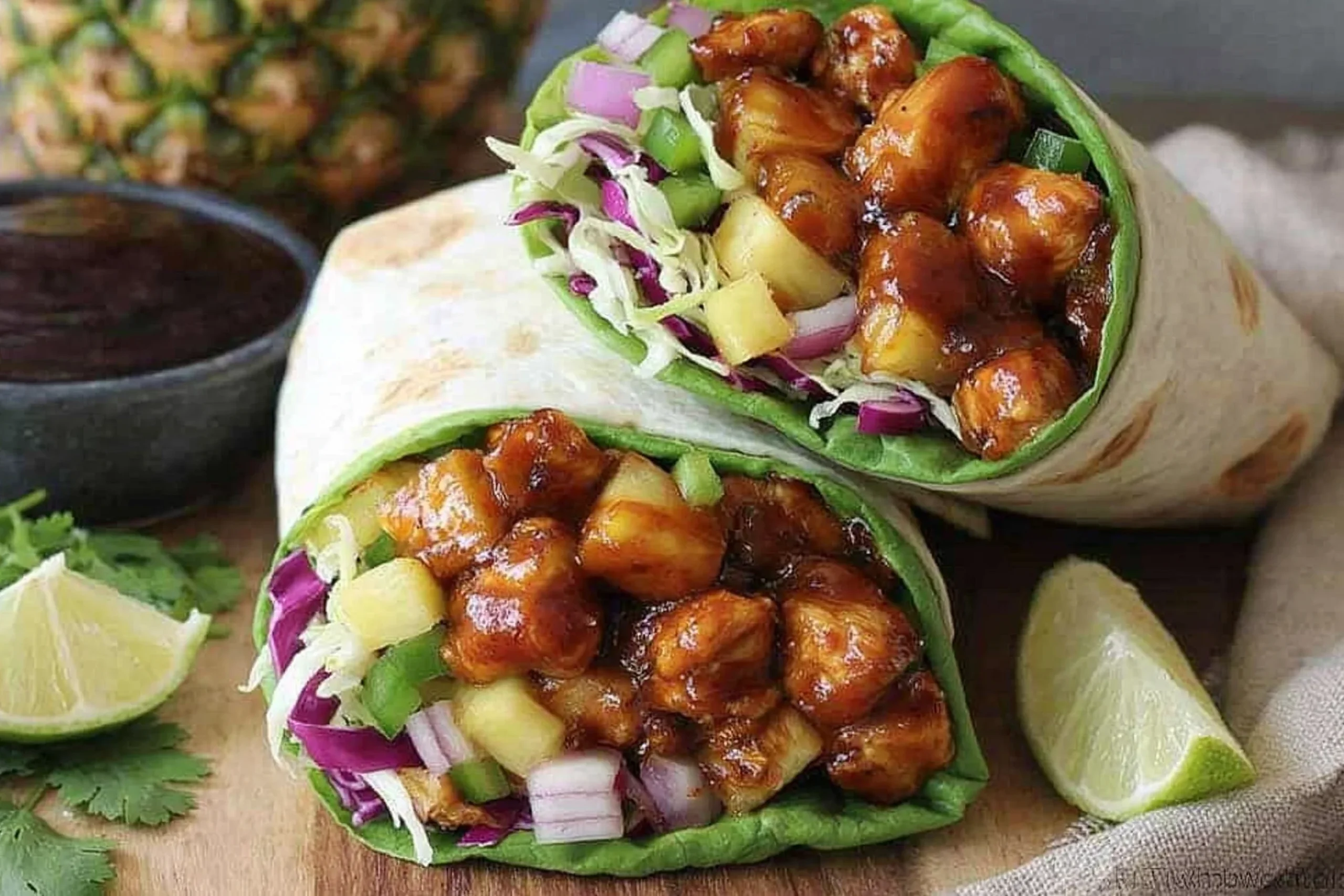 Hawaiian BBQ Chicken Wraps filled with glazed chicken, pineapple, crisp cabbage, red onion, cucumber, and fresh greens.