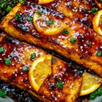 Orange Glazed Salmon fillets coated in a glossy citrus sauce with orange slices, sesame seeds, green onions, and asparagus.