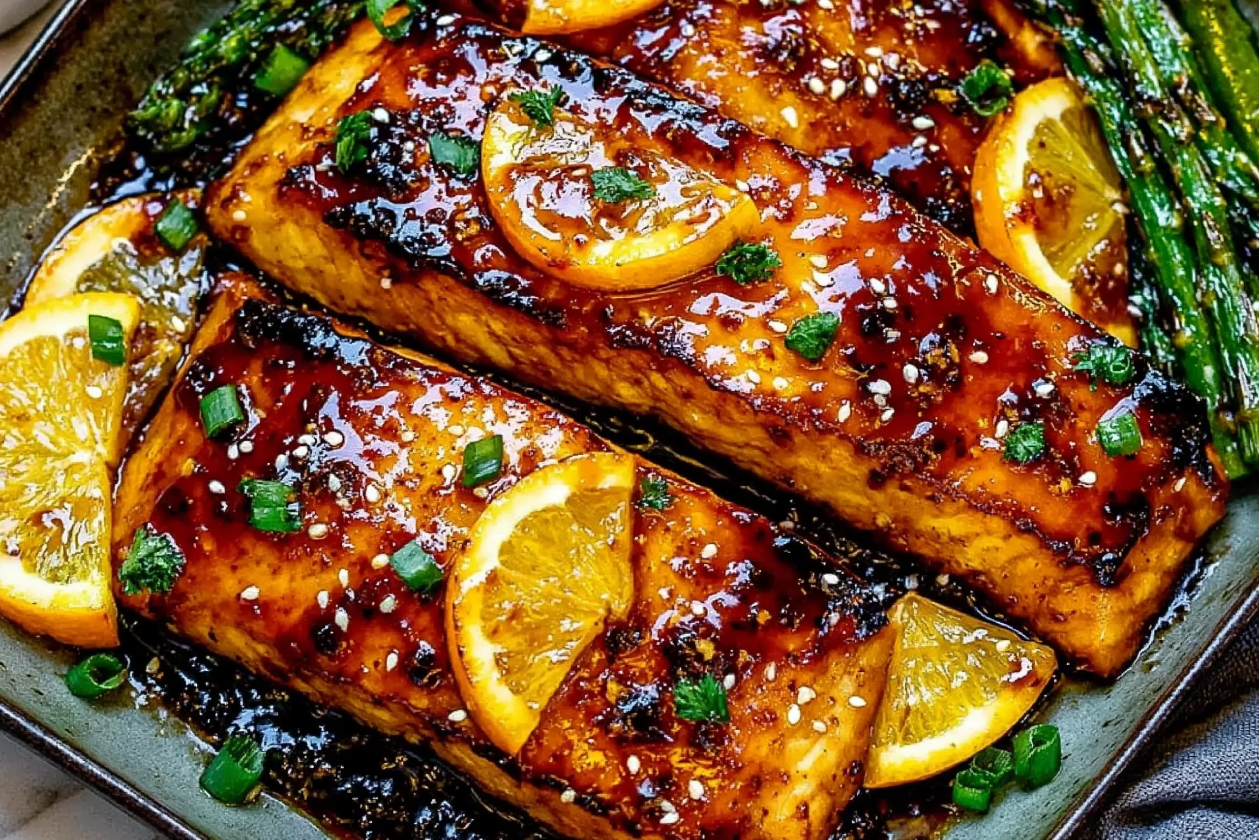 Orange Glazed Salmon fillets coated in a glossy citrus sauce with orange slices, sesame seeds, green onions, and asparagus.