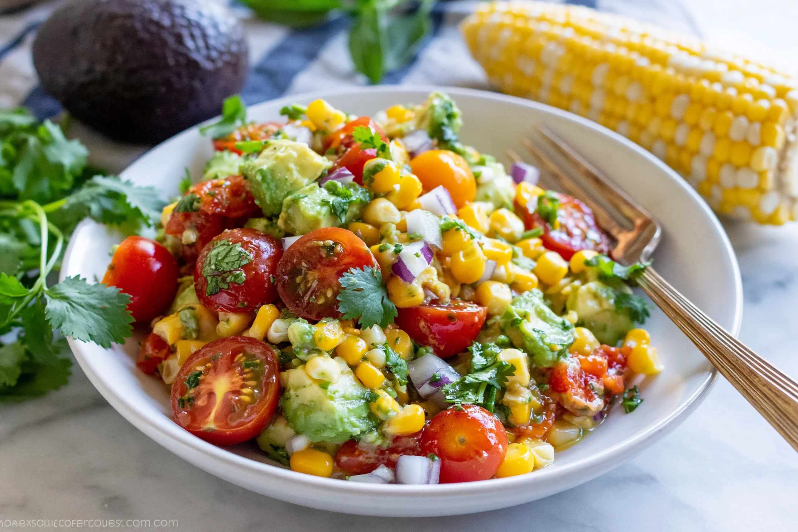 Avocado and Corn Summer Salad with cherry tomatoes, red onion, cilantro, and fresh lime dressing in a white bowl