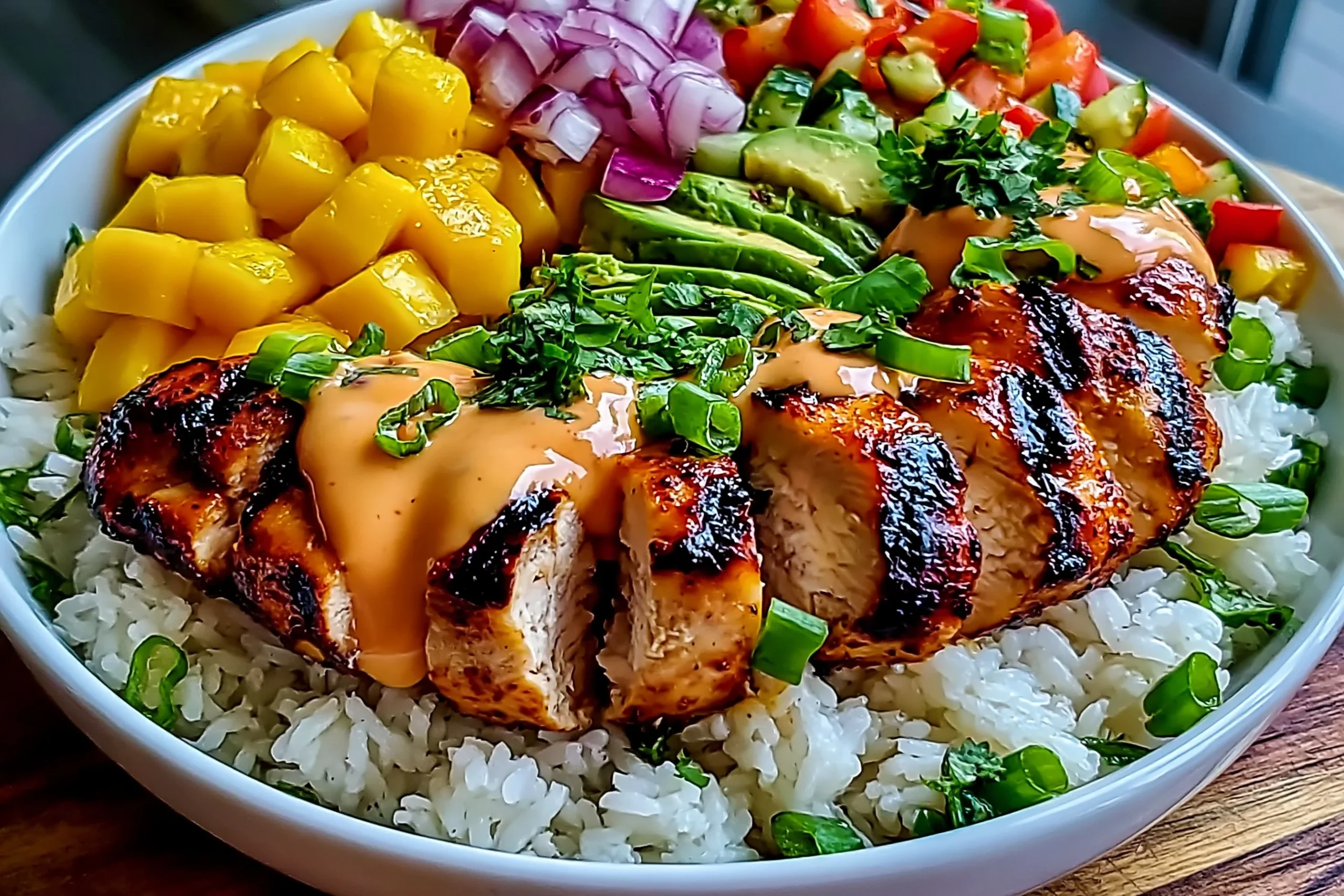 Chicken Mango Rice Bowl with grilled chicken, fresh mango, avocado, red onion, cucumber, rice, herbs, and spicy creamy sauce.