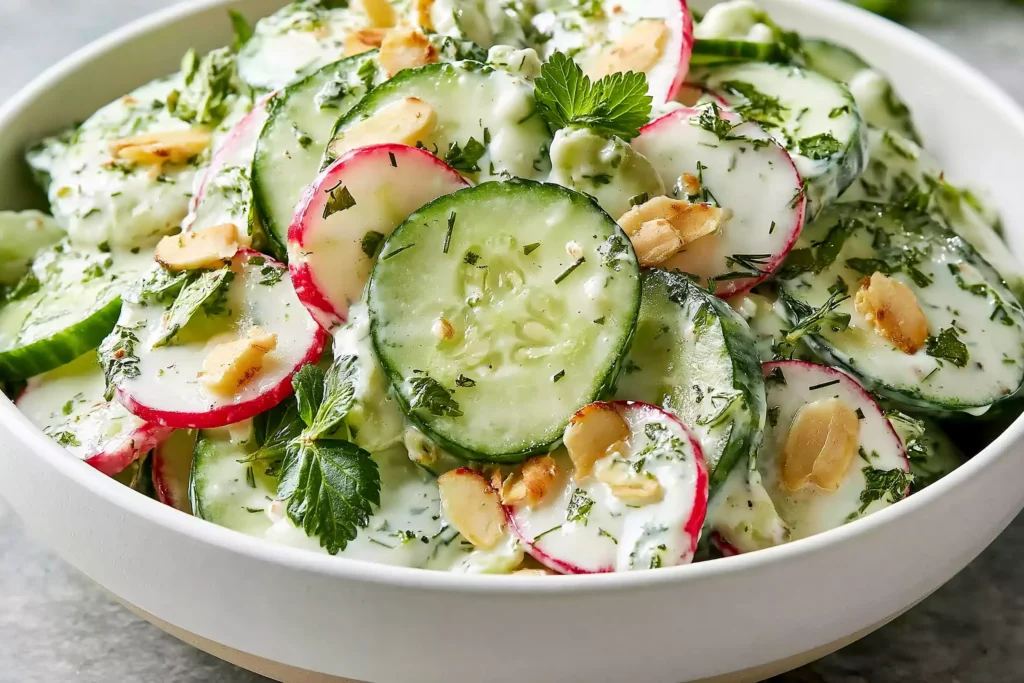 Crunchy Cucumber Apple Salad with creamy dressing, cucumber slices, crisp apple pieces, fresh herbs, and toasted nuts in a white bowl