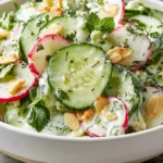 Crunchy Cucumber Apple Salad with creamy dressing, cucumber slices, crisp apple pieces, fresh herbs, and toasted nuts in a white bowl