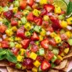 Fruit Salsa with Cinnamon Sugar Chips topped with strawberries, mango, kiwi, watermelon, fresh herbs, and lime.