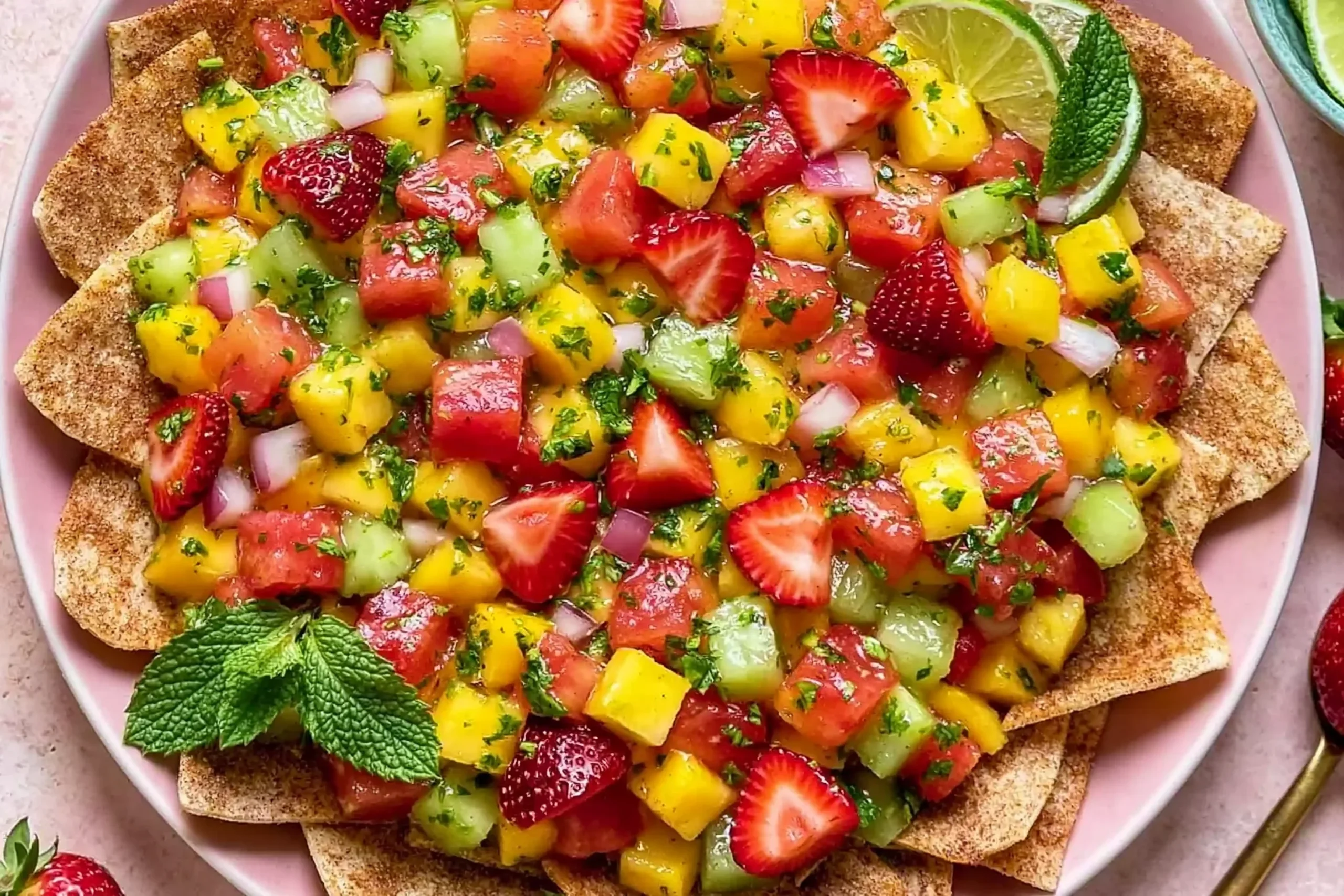Fruit Salsa with Cinnamon Sugar Chips topped with strawberries, mango, kiwi, watermelon, fresh herbs, and lime.