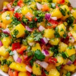 Mango Salsa with diced mango, red onion, bell pepper, jalapeño, cilantro, and lime in a bowl