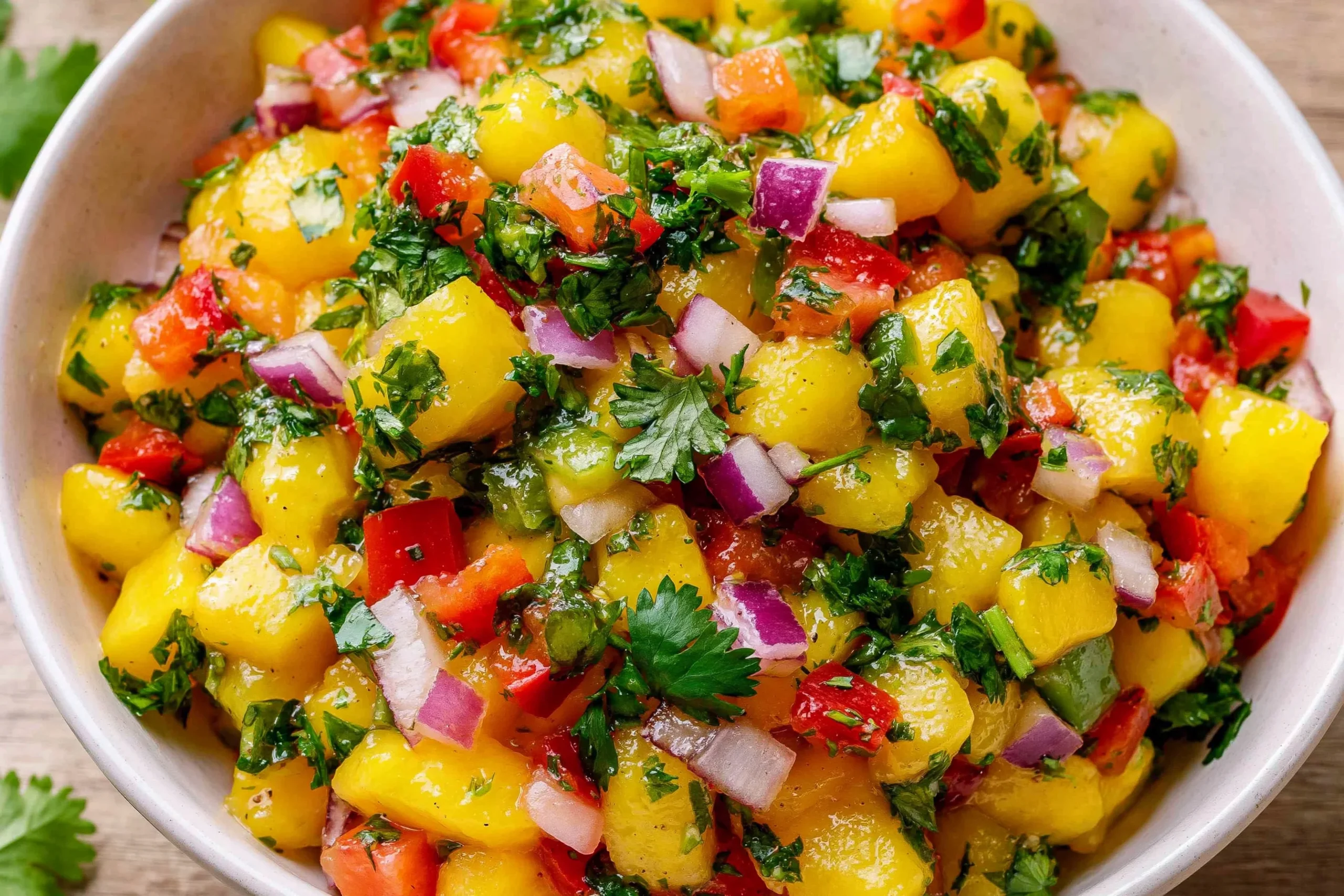 Mango Salsa with diced mango, red onion, bell pepper, jalapeño, cilantro, and lime in a bowl