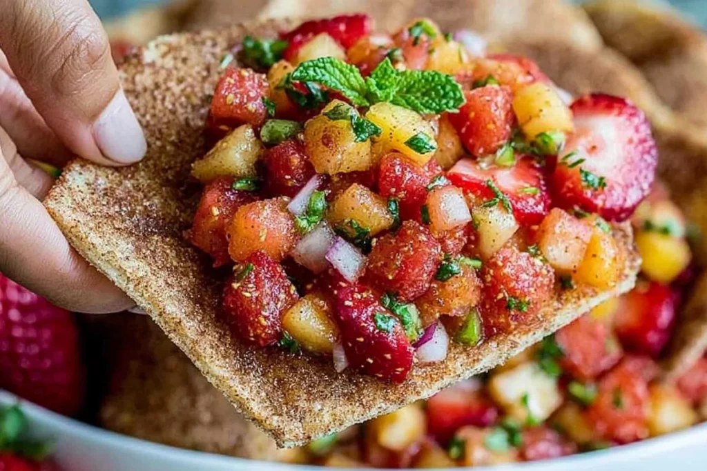 Fruit Salsa with Cinnamon Sugar Chips served on a crisp cinnamon tortilla chip with strawberries, diced fruit, mint, and fresh herbs.