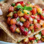 Fruit Salsa with Cinnamon Sugar Chips served on a crisp cinnamon tortilla chip with strawberries, diced fruit, mint, and fresh herbs.