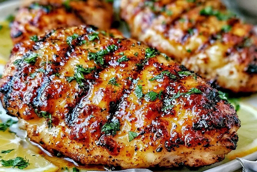 Orange Dijon Grilled Chicken glazed with citrus mustard sauce, topped with fresh parsley, and served over orange slices
