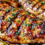 Orange Dijon Grilled Chicken glazed with citrus mustard sauce, topped with fresh parsley, and served over orange slices