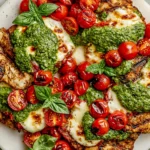 Grilled Chicken Margherita served with melted mozzarella, basil pesto, blistered cherry tomatoes, and fresh basil on a white platter.