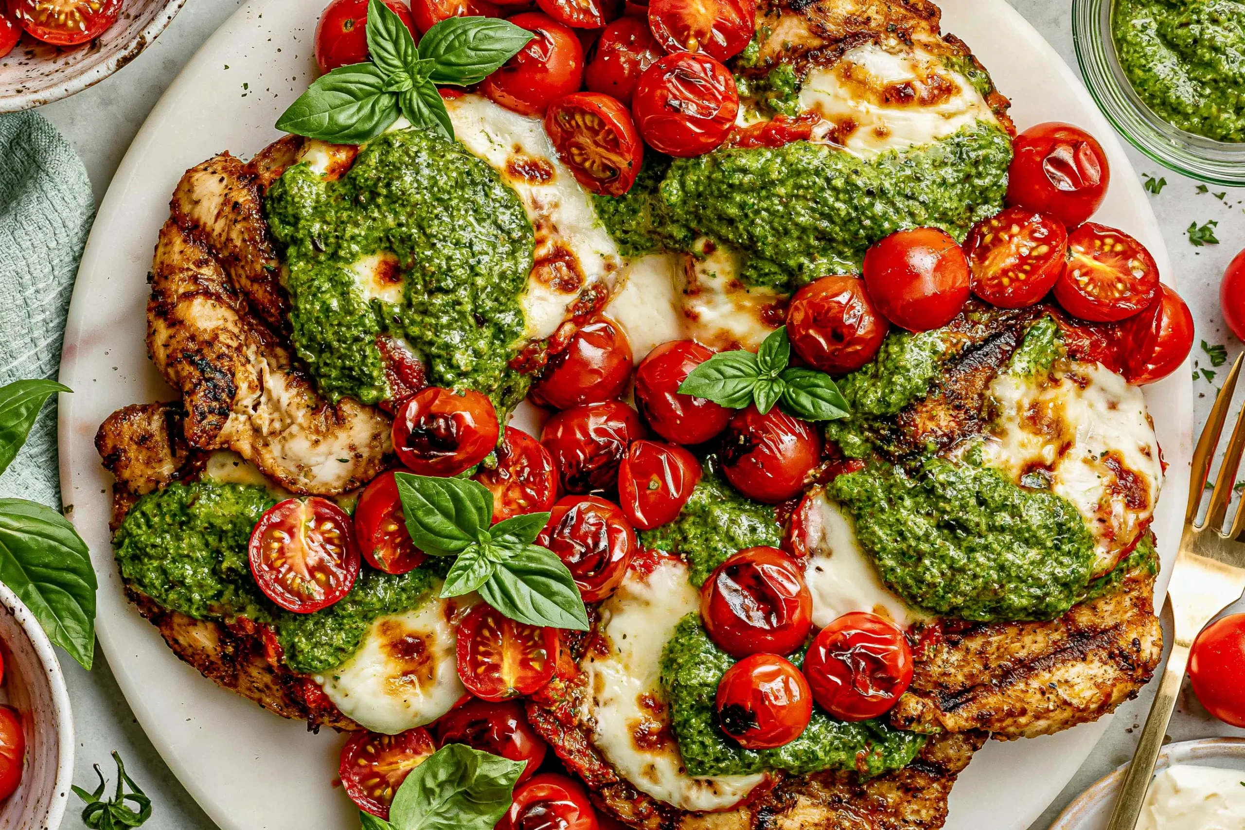 Grilled Chicken Margherita served with melted mozzarella, basil pesto, blistered cherry tomatoes, and fresh basil on a white platter.