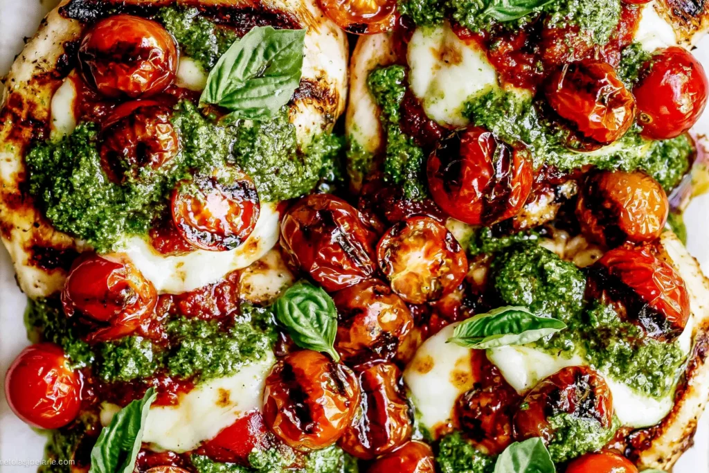 Grilled Chicken Margherita topped with melted mozzarella, basil pesto, roasted cherry tomatoes, balsamic glaze, and fresh basil.