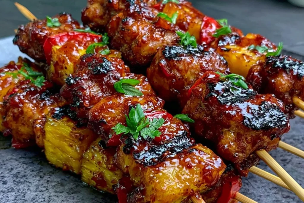 Hawaiian Teriyaki Chicken Kabobs with charred chicken, pineapple chunks, red bell peppers, fresh herbs, and sticky teriyaki glaze.