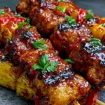 Hawaiian Teriyaki Chicken Kabobs with charred chicken, pineapple chunks, red bell peppers, fresh herbs, and sticky teriyaki glaze.