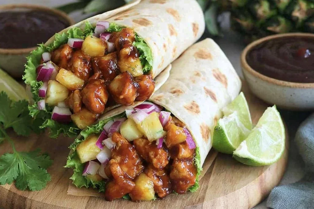 Hawaiian BBQ Chicken Wraps filled with glazed chicken, pineapple chunks, crisp lettuce, and red onion, served with lime wedges.