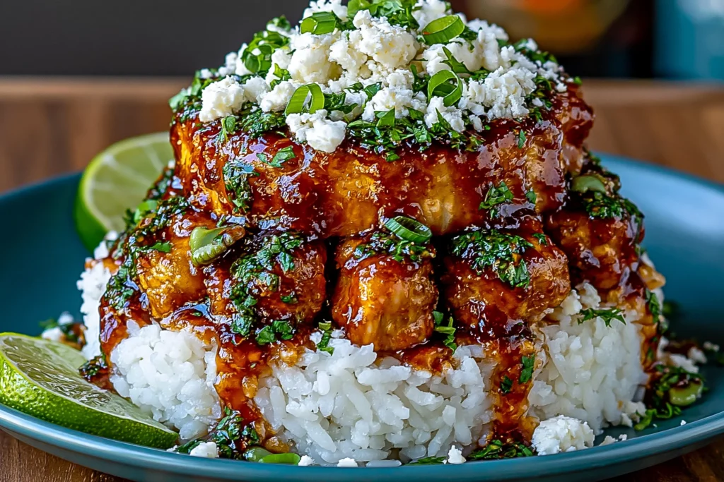 Honey Lime Chicken Rice Stack with Feta Crumble & Herbs layered with glazed chicken, white rice, fresh herbs, and lime wedges.
