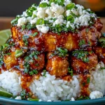 Honey Lime Chicken Rice Stack with Feta Crumble & Herbs layered with glazed chicken, white rice, fresh herbs, and lime wedges.