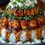 Honey Lime Chicken Rice Stack with Feta Crumble & Herbs topped with fresh parsley and served with lime wedges.