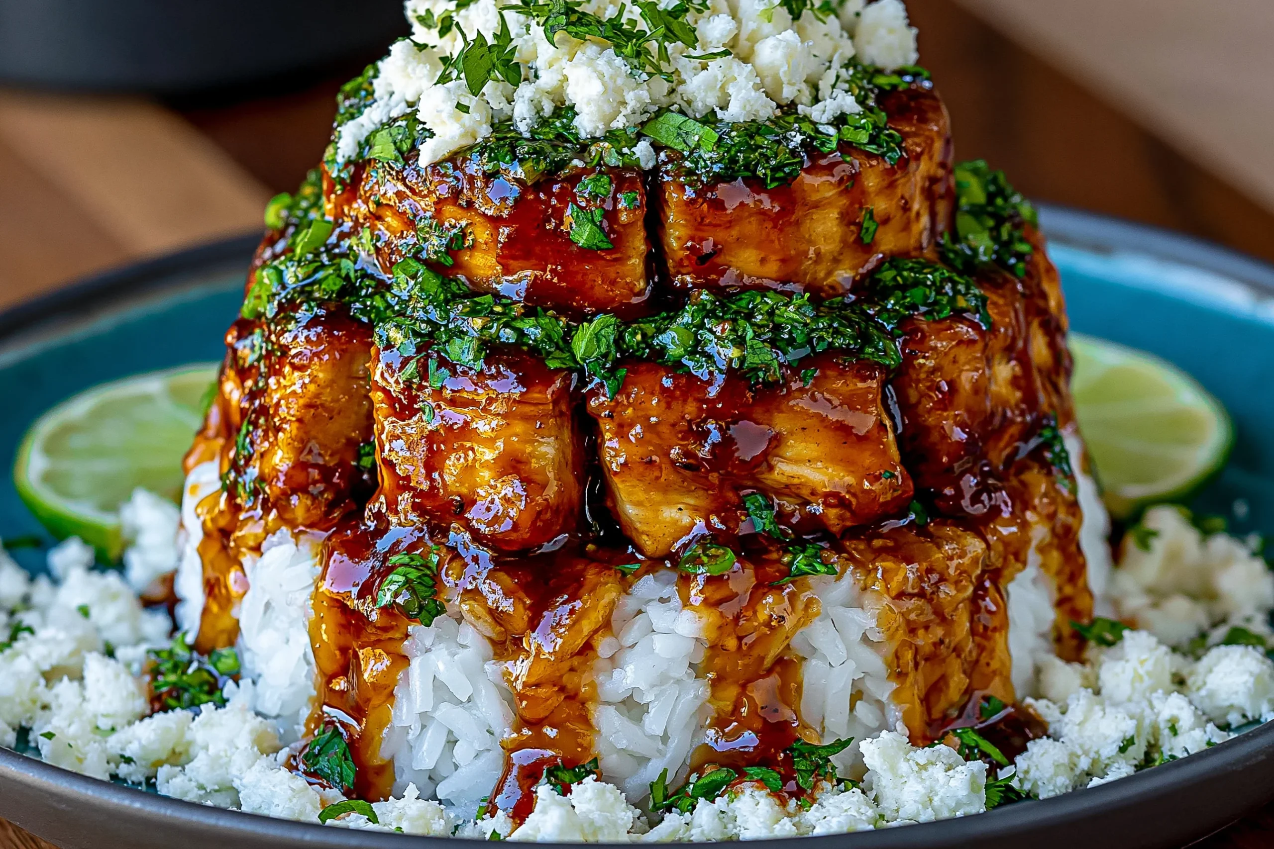 Honey Lime Chicken Rice Stack with Feta Crumble & Herbs topped with fresh parsley and served with lime wedges.