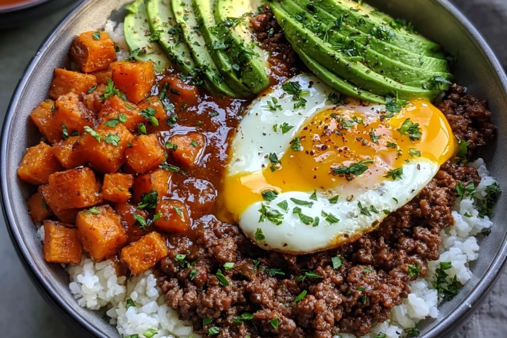 Hot Honey Ground Beef Bowls with rice, roasted sweet potatoes, avocado, a fried egg, fresh herbs, and spicy hot honey sauce.