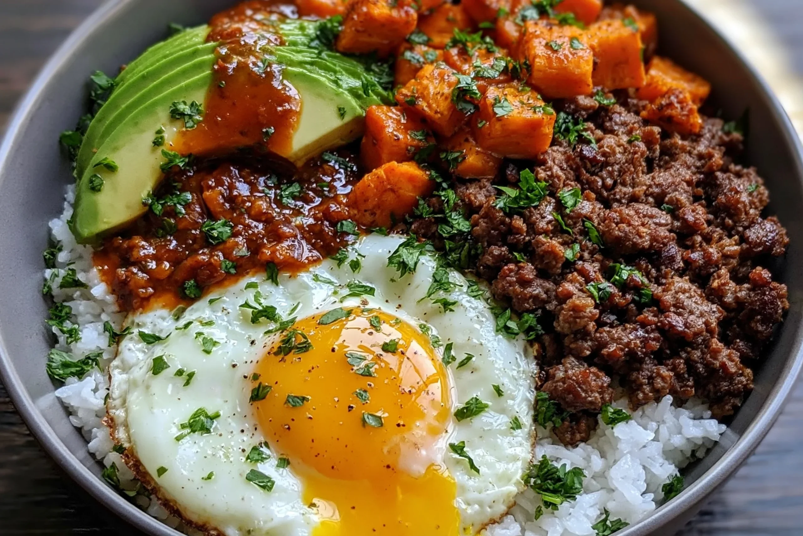 Hot Honey Ground Beef Bowls with rice, roasted sweet potatoes, avocado, a fried egg, fresh herbs, and spicy honey sauce.
